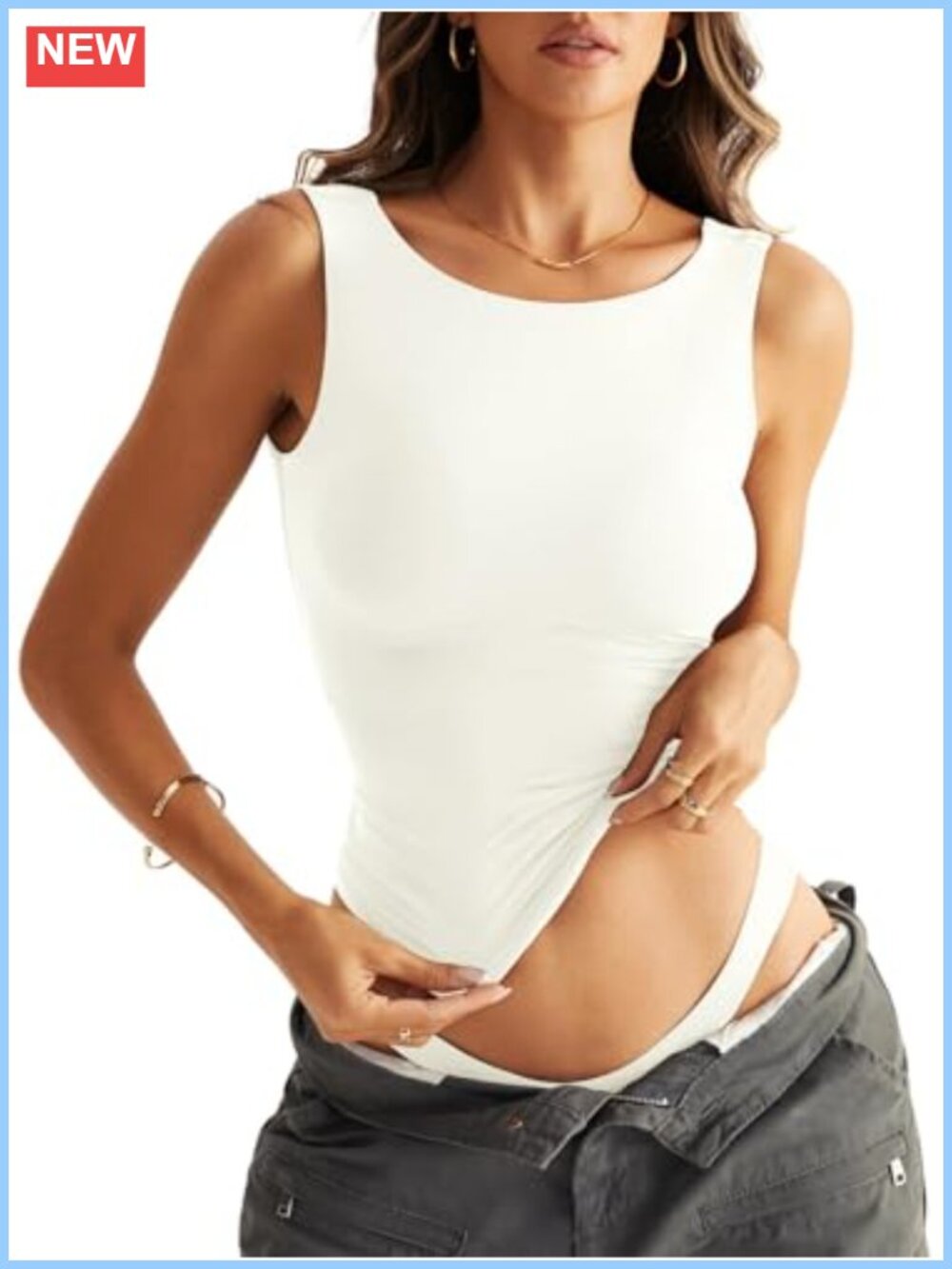 Womens Double Lined Sleeveless Boat Neck Backless Tank Top Buttery Soft Stretch